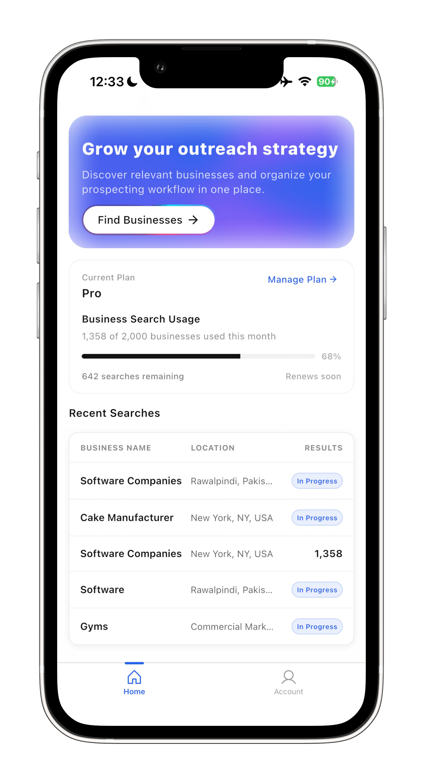 Leadea business search interface showing category selection